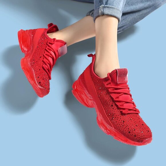 🆕 Red Rhinestone Mesh Slip-On Walking Shoes Fashion Glitter Breathable Sneaker - Picture 4 of 9